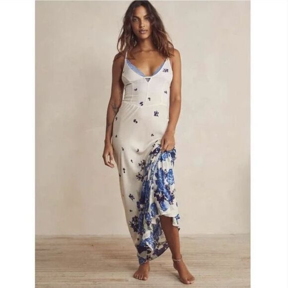 NEW Free People Get To You‎ Printed Maxi Dress Ivory Blue S